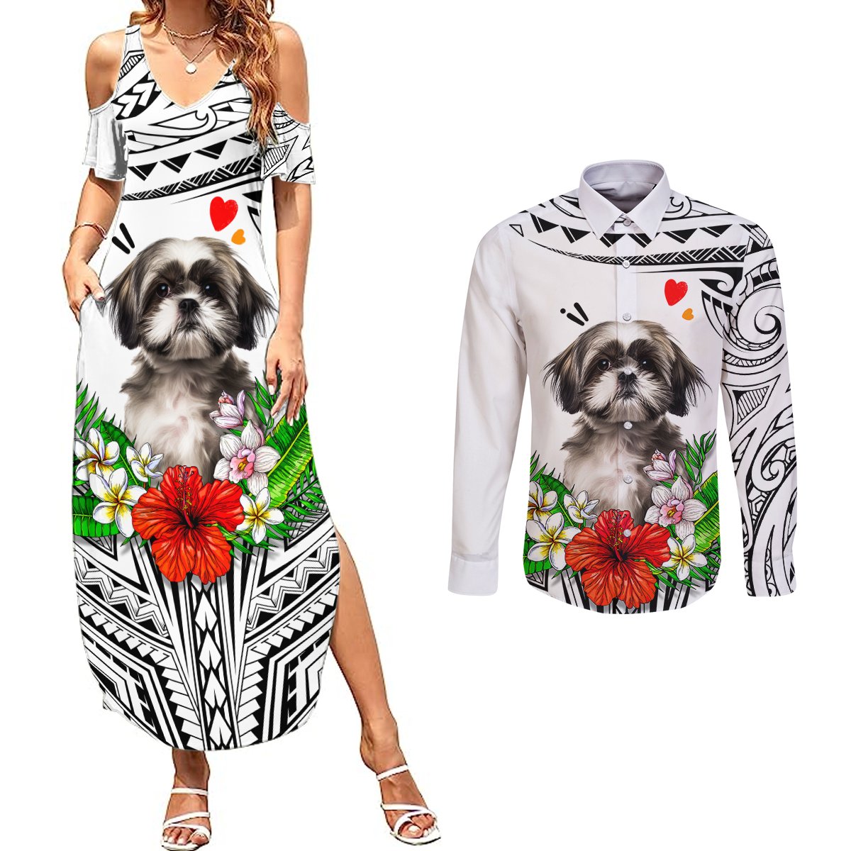 Polynesian Shih Tzu Couples Matching Summer Maxi Dress and Long Sleeve Button Shirts Polynesian Pattern And Shih Tzu TS04 White - Polynesian Pride