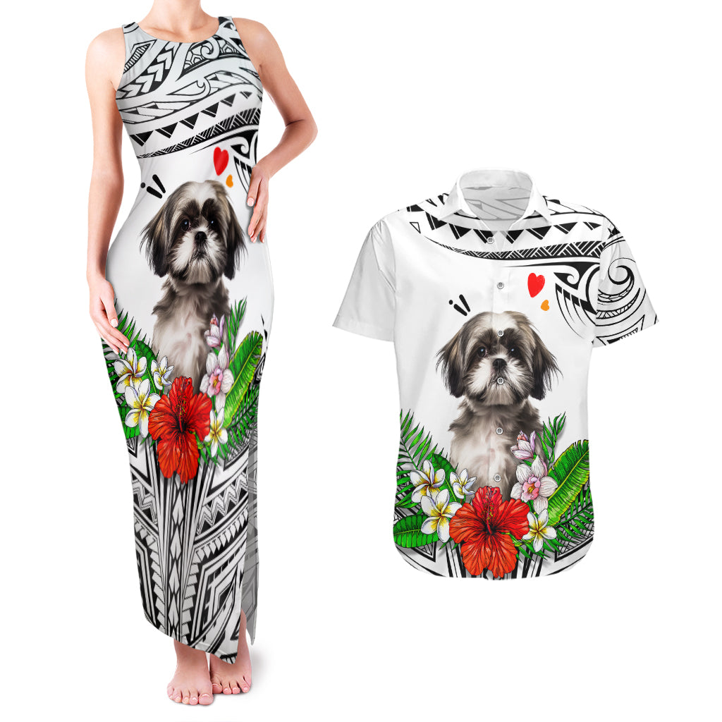 Polynesian Shih Tzu Couples Matching Tank Maxi Dress and Hawaiian Shirt Polynesian Pattern And Shih Tzu TS04 White - Polynesian Pride