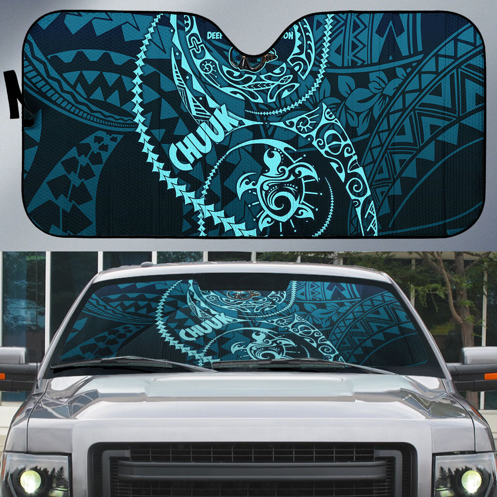 Chuuk Deep Into Truk Lagoon Auto Sun Shade Polynesian Tribal Pattern Wreck Diving Teal Ship Art TS04 Blue Black - Polynesian Pride