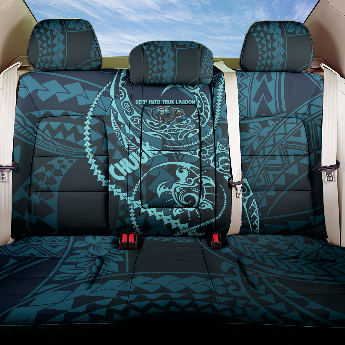Chuuk Deep Into Truk Lagoon Back Car Seat Cover Polynesian Tribal Pattern Wreck Diving Teal Ship Art