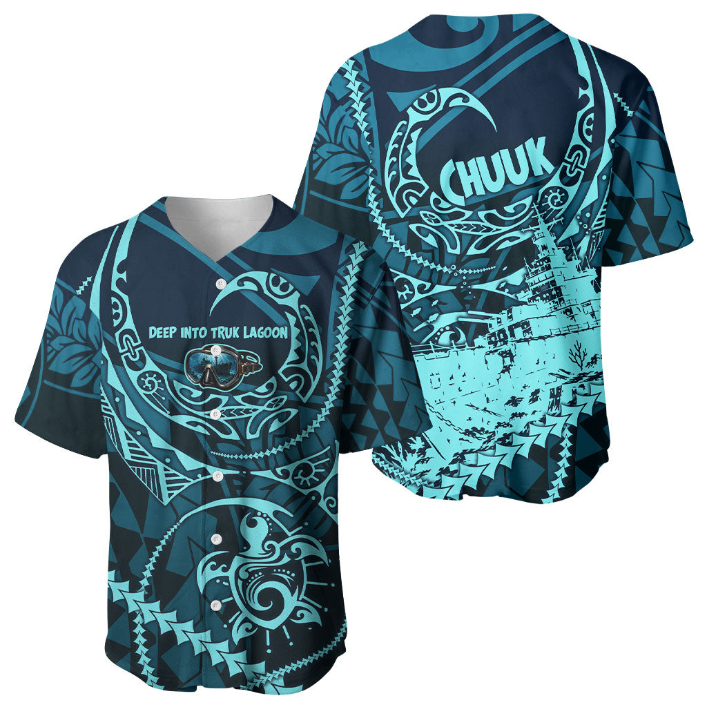 Chuuk Deep Into Truk Lagoon Baseball Jersey Polynesian Tribal Pattern Wreck Diving Teal Ship Art