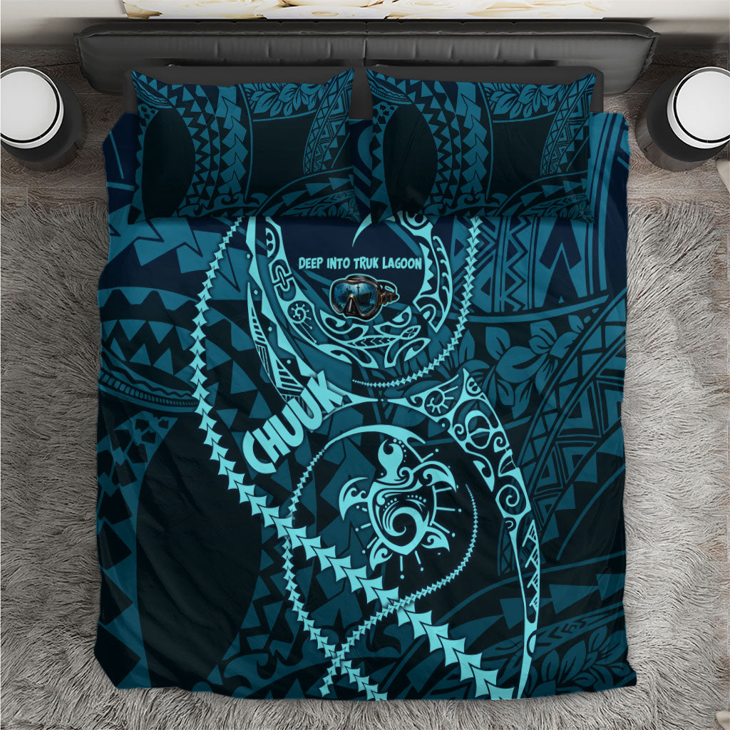 Chuuk Deep Into Truk Lagoon Bedding Set Polynesian Tribal Pattern Wreck Diving Teal Ship Art