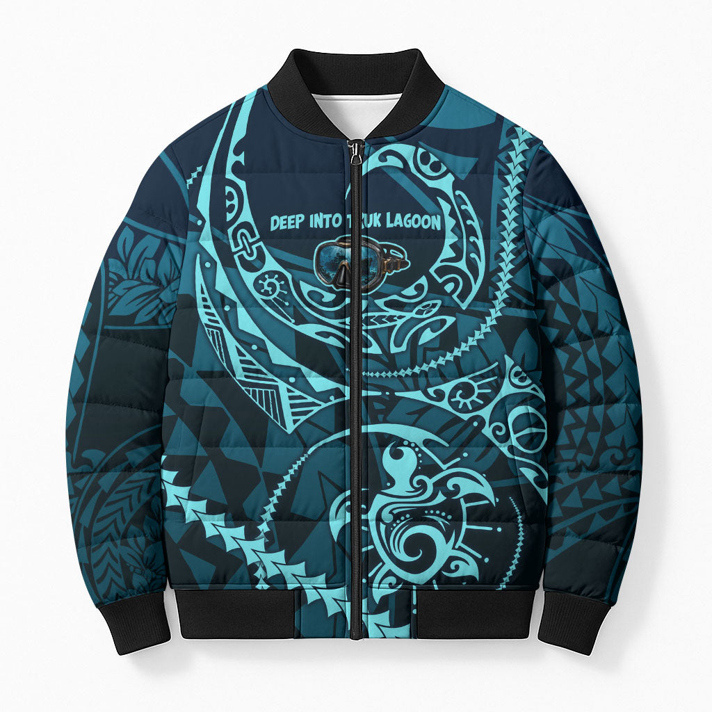 Chuuk Deep Into Truk Lagoon Bomber Puffer Jacket Polynesian Tribal Pattern Wreck Diving Teal Ship Art