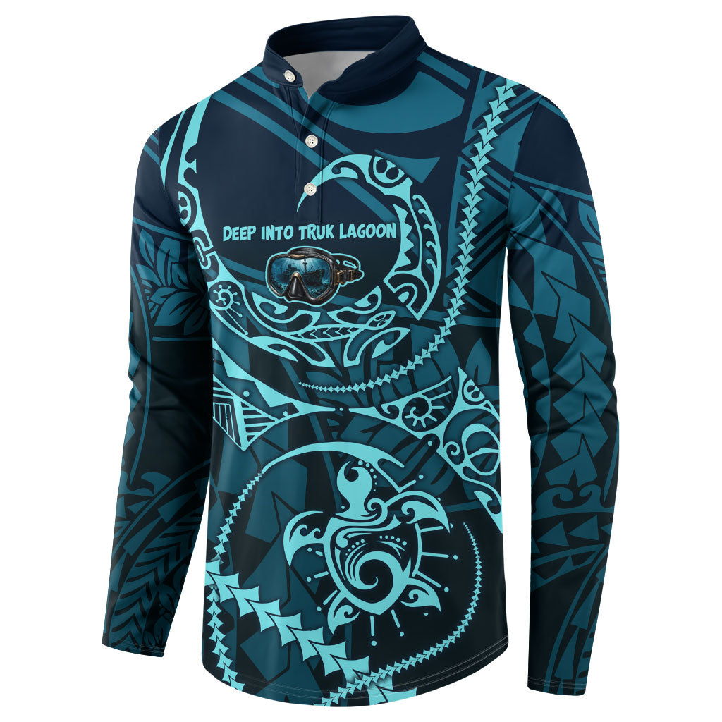Chuuk Deep Into Truk Lagoon Button Sweatshirt Polynesian Tribal Pattern Wreck Diving Teal Ship Art