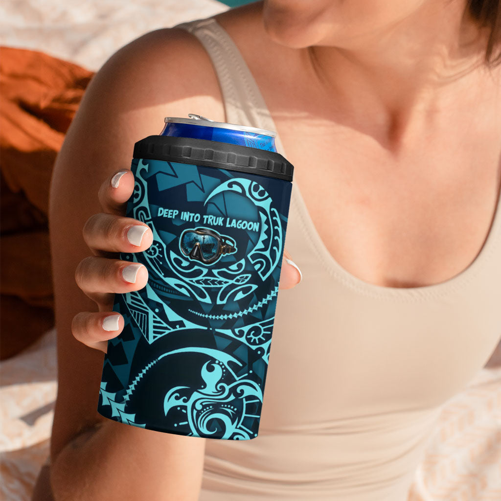 Chuuk Deep Into Truk Lagoon 4 in 1 Can Cooler Tumbler Polynesian Tribal Pattern Wreck Diving Teal Ship Art