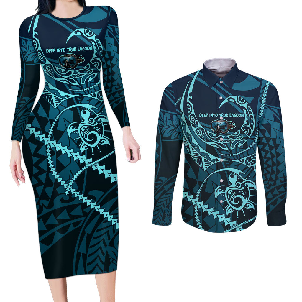 Chuuk Deep Into Truk Lagoon Couples Matching Long Sleeve Bodycon Dress and Long Sleeve Button Shirt Polynesian Tribal Pattern Wreck Diving Teal Ship Art TS04 Blue Black - Polynesian Pride