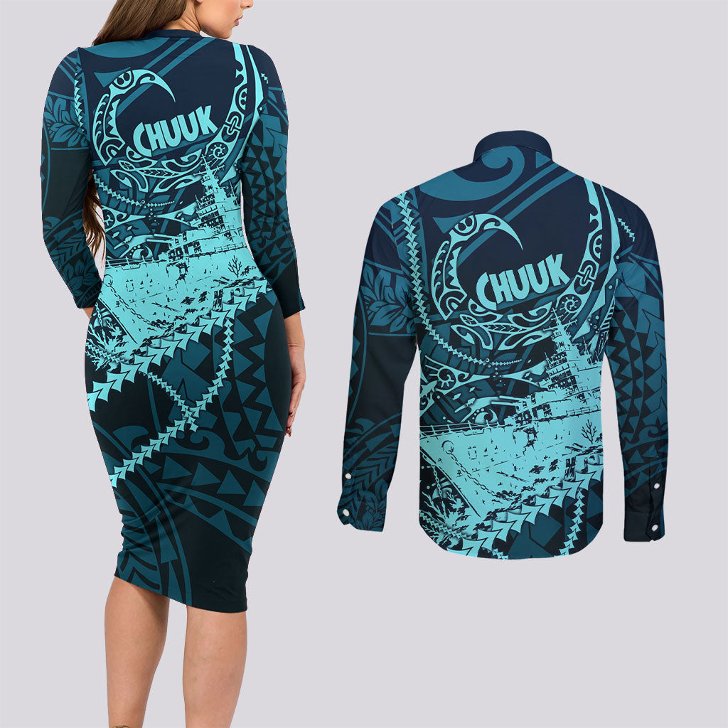 Chuuk Deep Into Truk Lagoon Couples Matching Long Sleeve Bodycon Dress and Long Sleeve Button Shirt Polynesian Tribal Pattern Wreck Diving Teal Ship Art