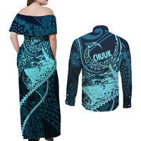 Chuuk Deep Into Truk Lagoon Couples Matching Off Shoulder Maxi Dress and Long Sleeve Button Shirt Polynesian Tribal Pattern Wreck Diving Teal Ship Art