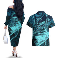 Chuuk Deep Into Truk Lagoon Couples Matching Off The Shoulder Long Sleeve Dress and Hawaiian Shirt Polynesian Tribal Pattern Wreck Diving Teal Ship Art