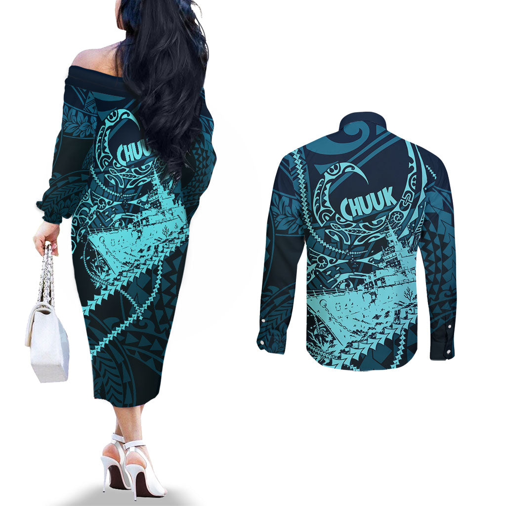 Chuuk Deep Into Truk Lagoon Couples Matching Off The Shoulder Long Sleeve Dress and Long Sleeve Button Shirt Polynesian Tribal Pattern Wreck Diving Teal Ship Art