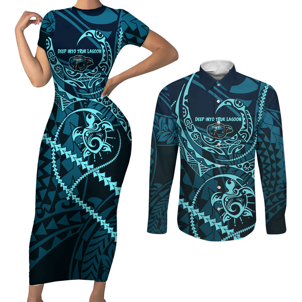 Chuuk Deep Into Truk Lagoon Couples Matching Short Sleeve Bodycon Dress and Long Sleeve Button Shirt Polynesian Tribal Pattern Wreck Diving Teal Ship Art TS04 Blue Black - Polynesian Pride