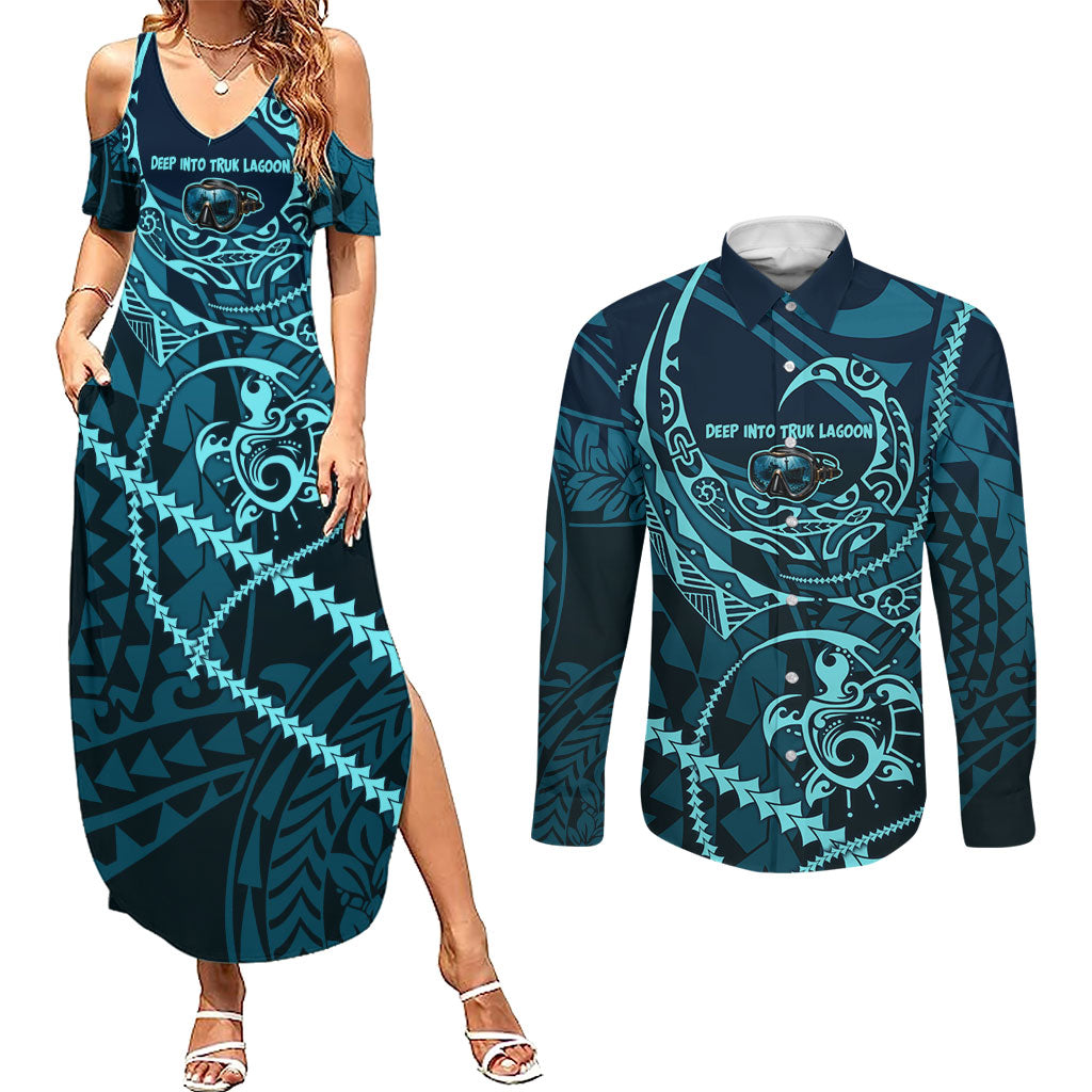 Chuuk Deep Into Truk Lagoon Couples Matching Summer Maxi Dress and Long Sleeve Button Shirt Polynesian Tribal Pattern Wreck Diving Teal Ship Art TS04 Blue Black - Polynesian Pride