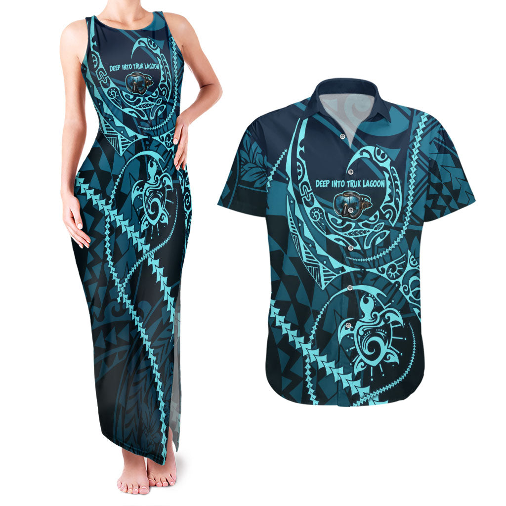 Chuuk Deep Into Truk Lagoon Couples Matching Tank Maxi Dress and Hawaiian Shirt Polynesian Tribal Pattern Wreck Diving Teal Ship Art TS04 Blue Black - Polynesian Pride