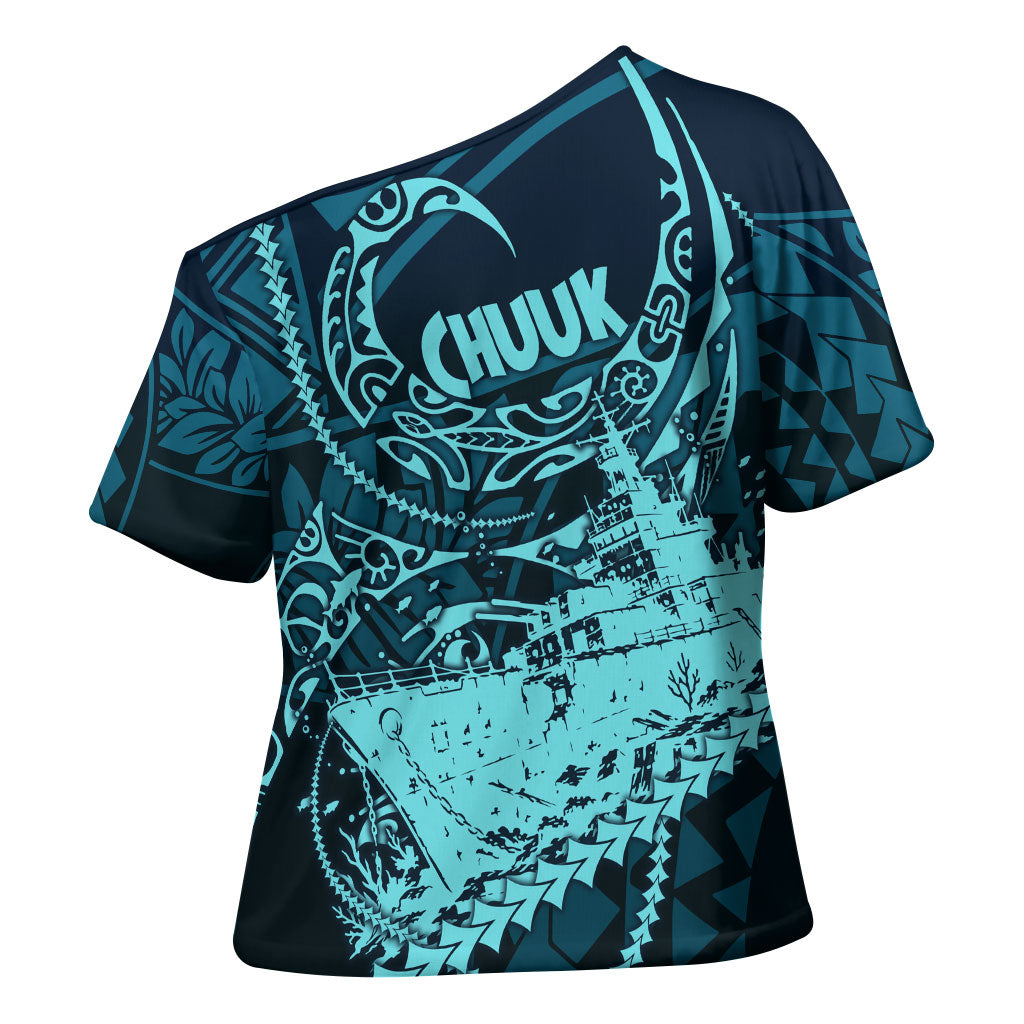 Chuuk Deep Into Truk Lagoon Cross Shoulder Shirt Polynesian Tribal Pattern Wreck Diving Teal Ship Art