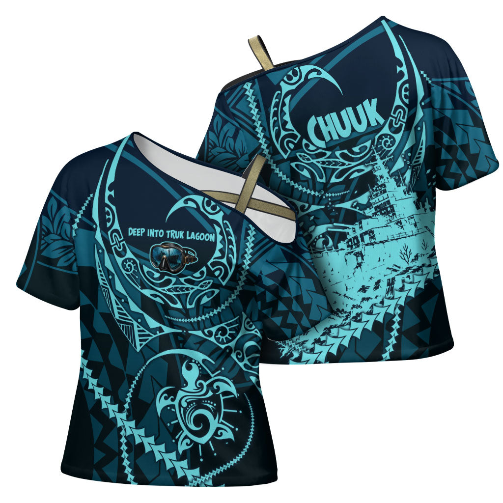 Chuuk Deep Into Truk Lagoon Cross Shoulder Shirt Polynesian Tribal Pattern Wreck Diving Teal Ship Art