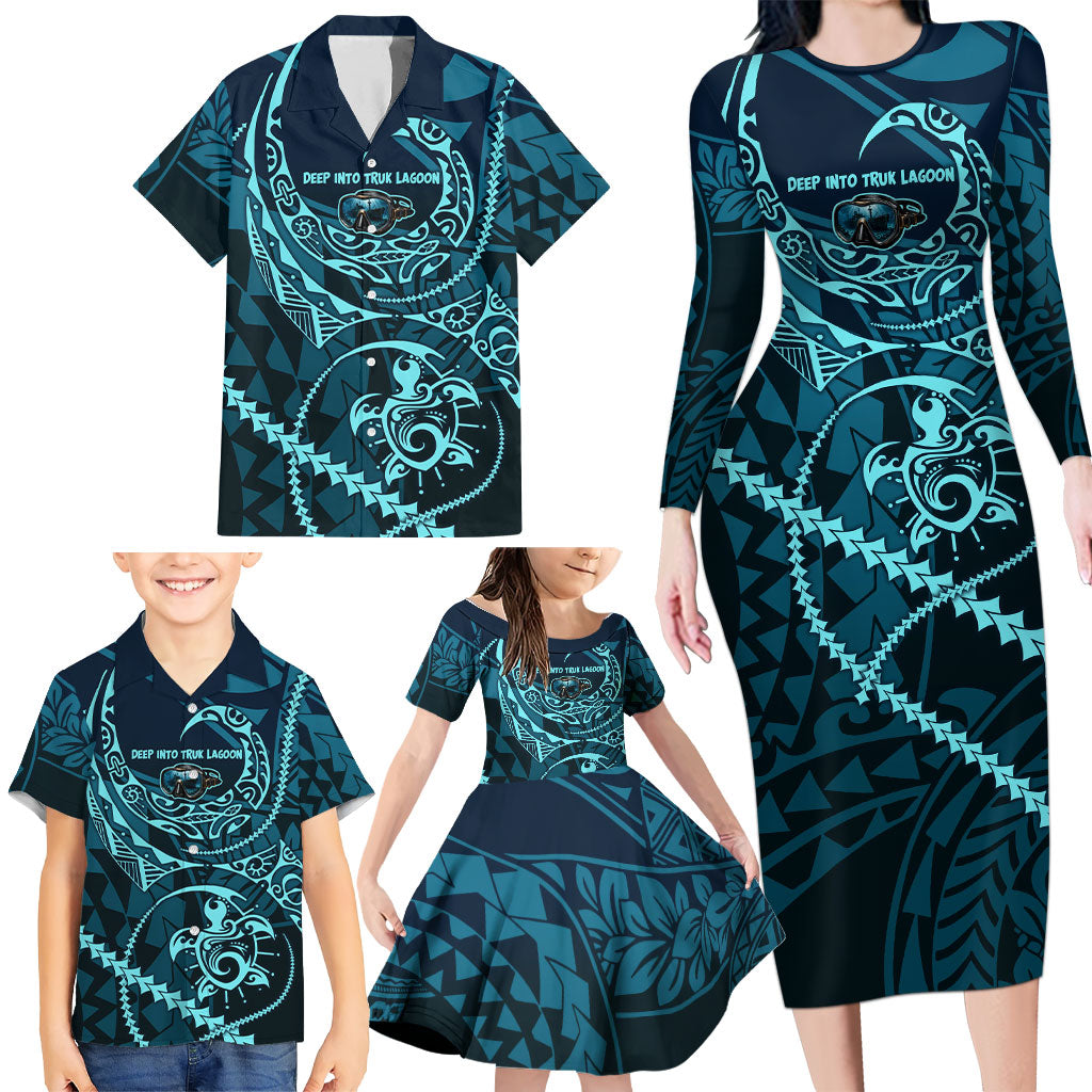 Chuuk Deep Into Truk Lagoon Family Matching Long Sleeve Bodycon Dress and Hawaiian Shirt Polynesian Tribal Pattern Wreck Diving Teal Ship Art