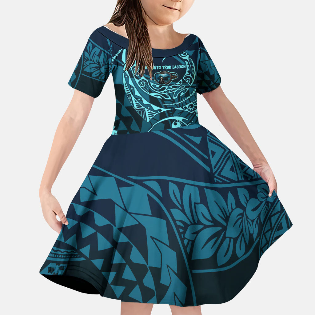 Chuuk Deep Into Truk Lagoon Family Matching Mermaid Dress and Hawaiian Shirt Polynesian Tribal Pattern Wreck Diving Teal Ship Art
