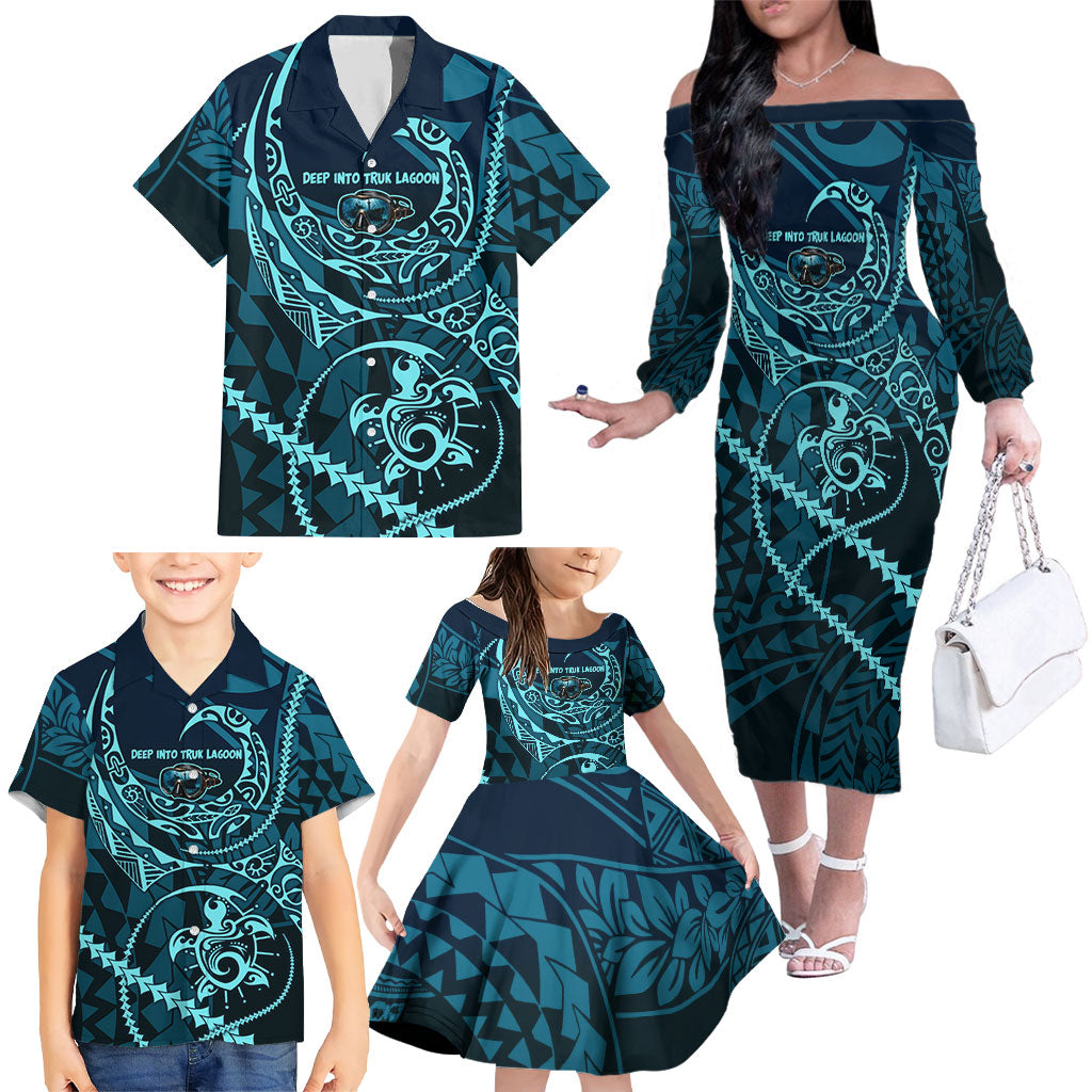 Chuuk Deep Into Truk Lagoon Family Matching Off The Shoulder Long Sleeve Dress and Hawaiian Shirt Polynesian Tribal Pattern Wreck Diving Teal Ship Art TS04 - Polynesian Pride