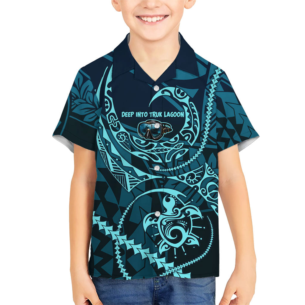 Chuuk Deep Into Truk Lagoon Family Matching Off The Shoulder Long Sleeve Dress and Hawaiian Shirt Polynesian Tribal Pattern Wreck Diving Teal Ship Art