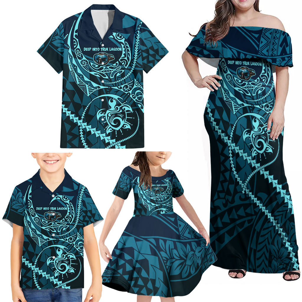 Chuuk Deep Into Truk Lagoon Family Matching Off Shoulder Maxi Dress and Hawaiian Shirt Polynesian Tribal Pattern Wreck Diving Teal Ship Art TS04 - Polynesian Pride