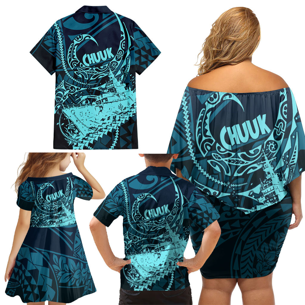 Chuuk Deep Into Truk Lagoon Family Matching Off Shoulder Short Dress and Hawaiian Shirt Polynesian Tribal Pattern Wreck Diving Teal Ship Art