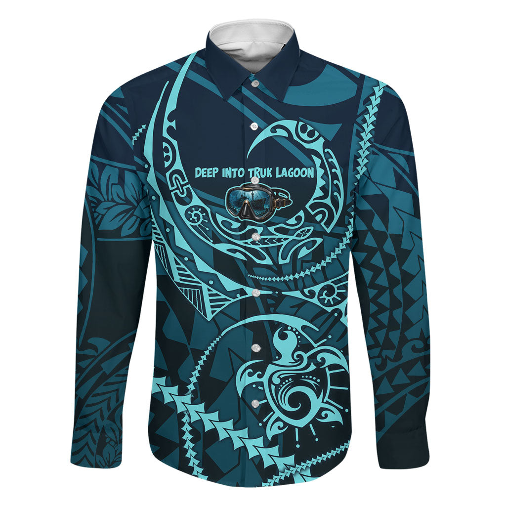 Chuuk Deep Into Truk Lagoon Family Matching Off Shoulder Short Dress and Hawaiian Shirt Polynesian Tribal Pattern Wreck Diving Teal Ship Art