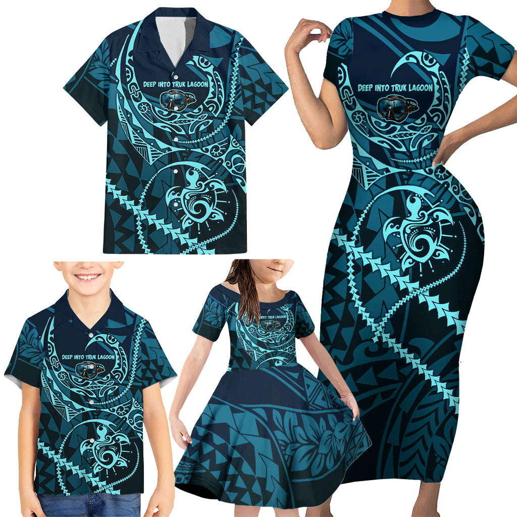 Chuuk Deep Into Truk Lagoon Family Matching Short Sleeve Bodycon Dress and Hawaiian Shirt Polynesian Tribal Pattern Wreck Diving Teal Ship Art TS04 - Polynesian Pride