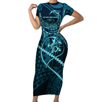 Chuuk Deep Into Truk Lagoon Family Matching Short Sleeve Bodycon Dress and Hawaiian Shirt Polynesian Tribal Pattern Wreck Diving Teal Ship Art