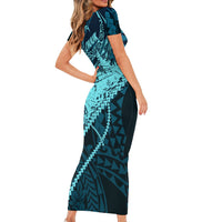 Chuuk Deep Into Truk Lagoon Family Matching Short Sleeve Bodycon Dress and Hawaiian Shirt Polynesian Tribal Pattern Wreck Diving Teal Ship Art