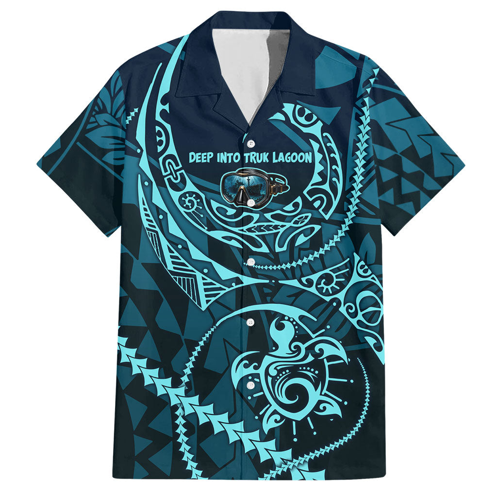 Chuuk Deep Into Truk Lagoon Hawaiian Shirt Polynesian Tribal Pattern Wreck Diving Teal Ship Art