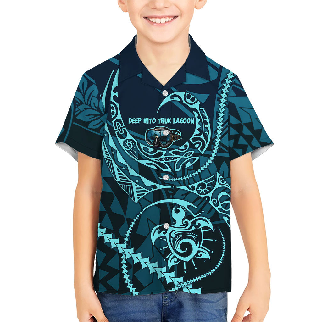 Chuuk Deep Into Truk Lagoon Hawaiian Shirt Polynesian Tribal Pattern Wreck Diving Teal Ship Art