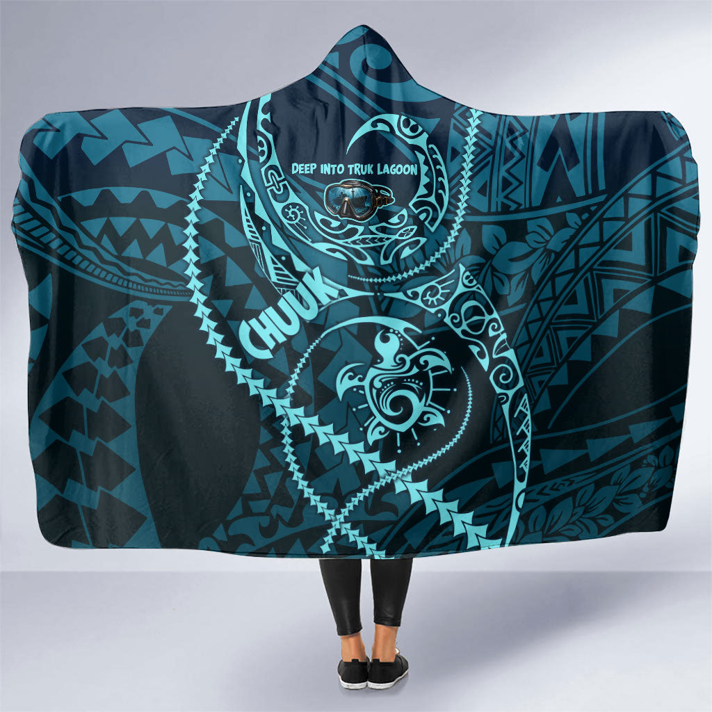 Chuuk Deep Into Truk Lagoon Hooded Blanket Polynesian Tribal Pattern Wreck Diving Teal Ship Art
