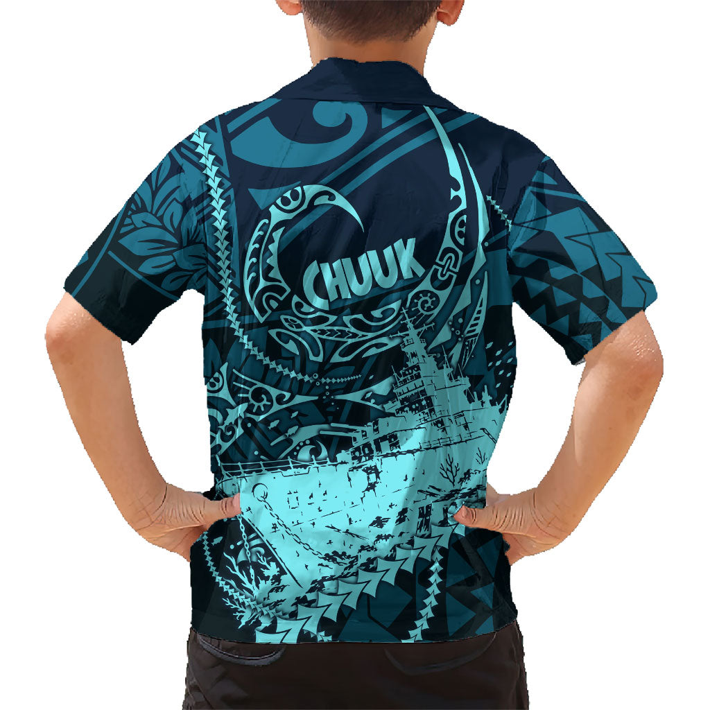 Chuuk Deep Into Truk Lagoon Kid Hawaiian Shirt Polynesian Tribal Pattern Wreck Diving Teal Ship Art