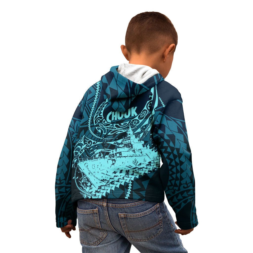 Chuuk Deep Into Truk Lagoon Kid Hoodie Polynesian Tribal Pattern Wreck Diving Teal Ship Art