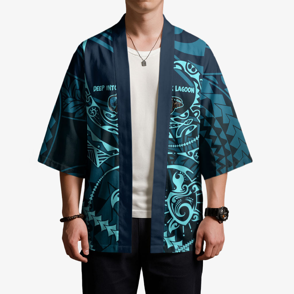 Chuuk Deep Into Truk Lagoon Kimono Polynesian Tribal Pattern Wreck Diving Teal Ship Art