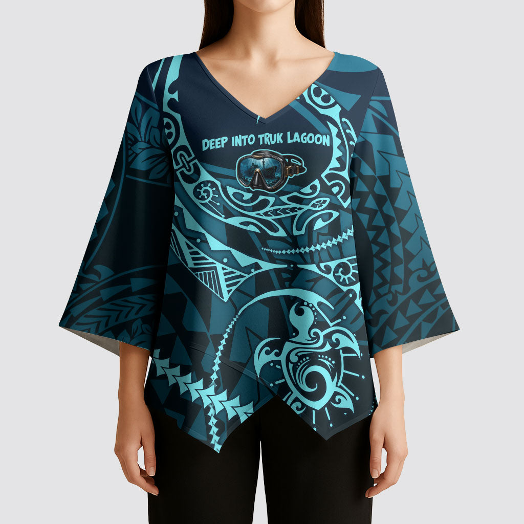 Chuuk Deep Into Truk Lagoon Kimono Sleeve Blouse Polynesian Tribal Pattern Wreck Diving Teal Ship Art TS04 - Polynesian Pride