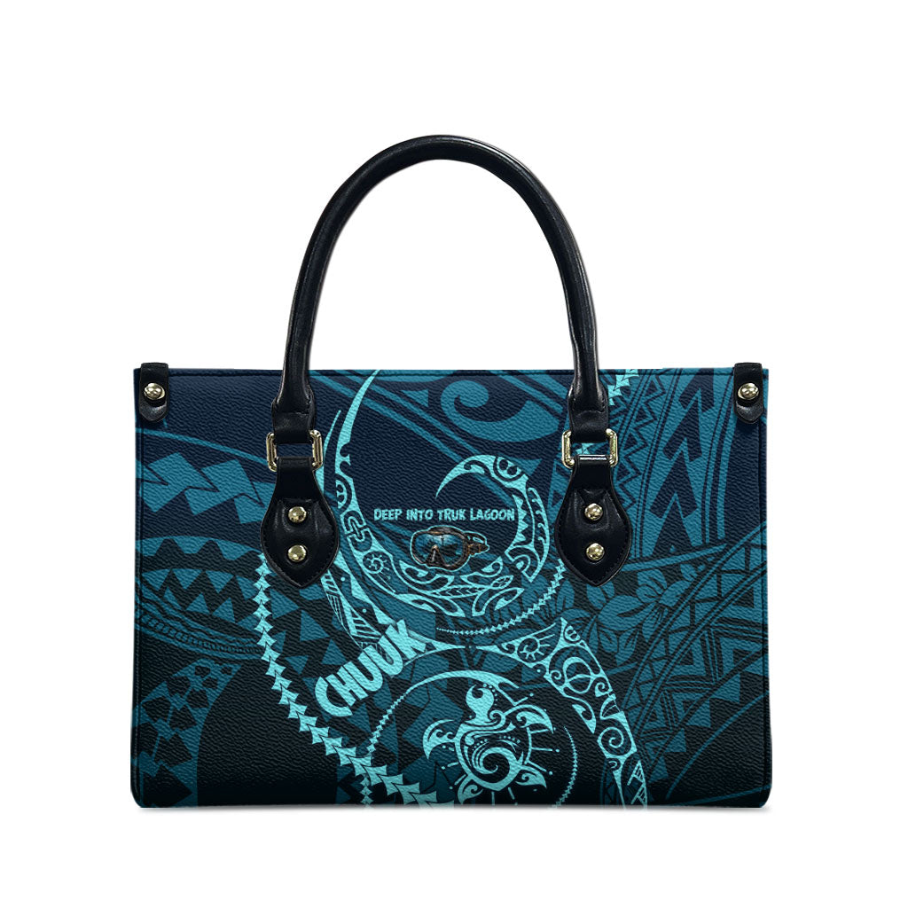 Chuuk Deep Into Truk Lagoon Leather Bag Polynesian Tribal Pattern Wreck Diving Teal Ship Art