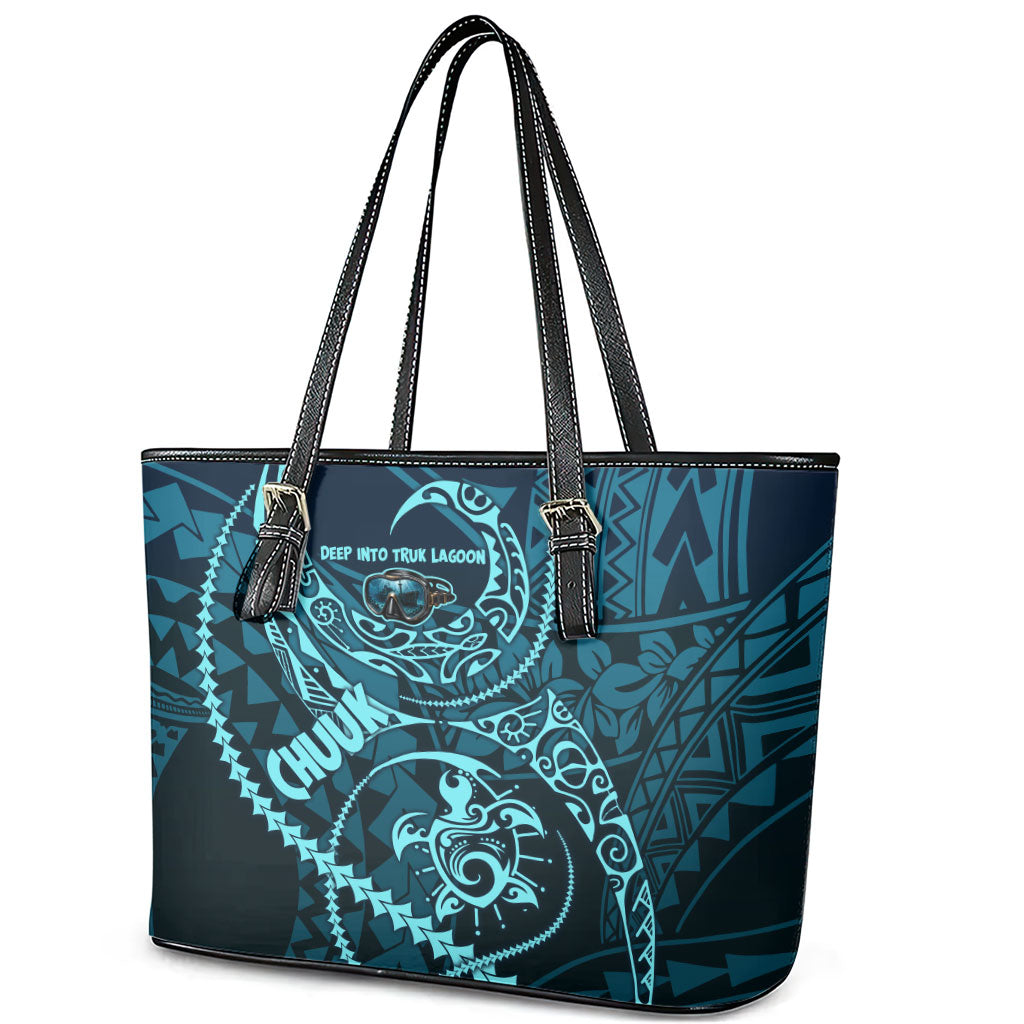 Chuuk Deep Into Truk Lagoon Leather Tote Bag Polynesian Tribal Pattern Wreck Diving Teal Ship Art TS04 - Polynesian Pride