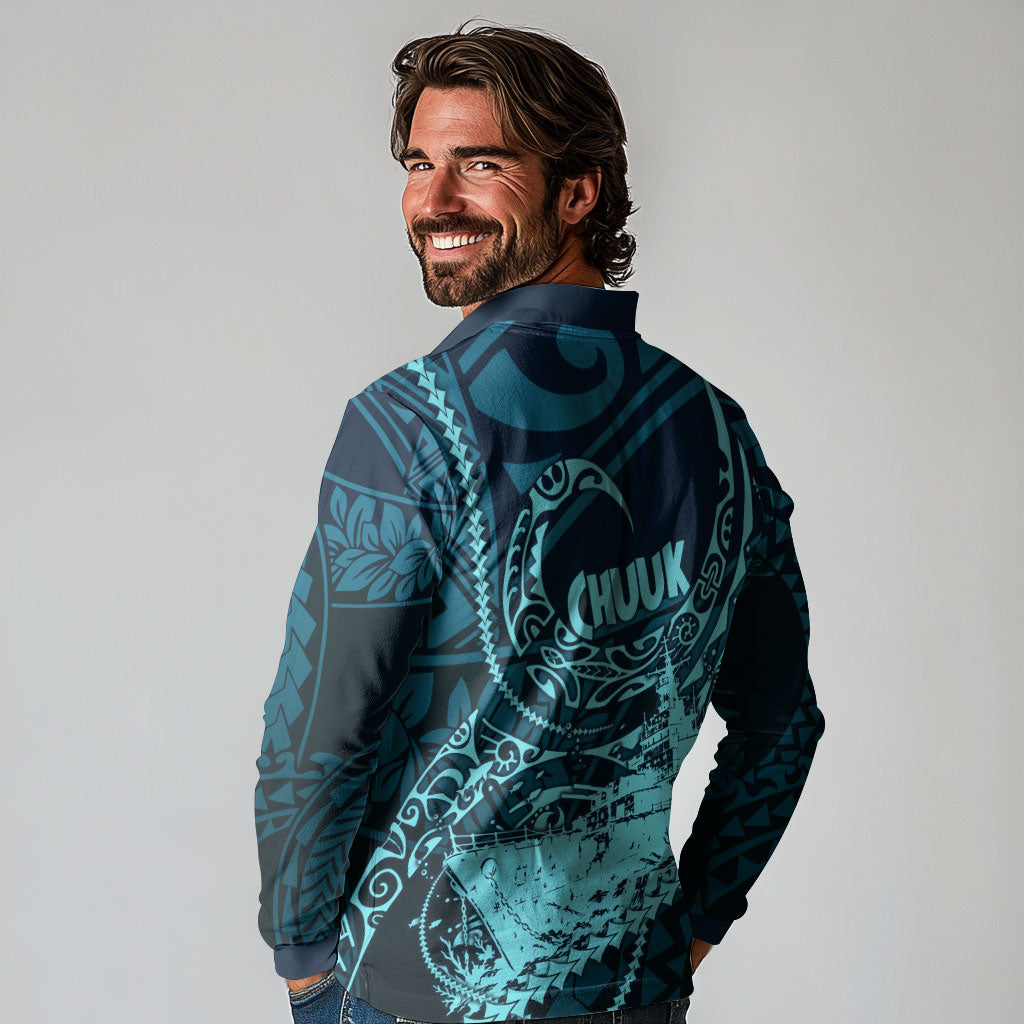 Chuuk Deep Into Truk Lagoon Long Sleeve Polo Shirt Polynesian Tribal Pattern Wreck Diving Teal Ship Art