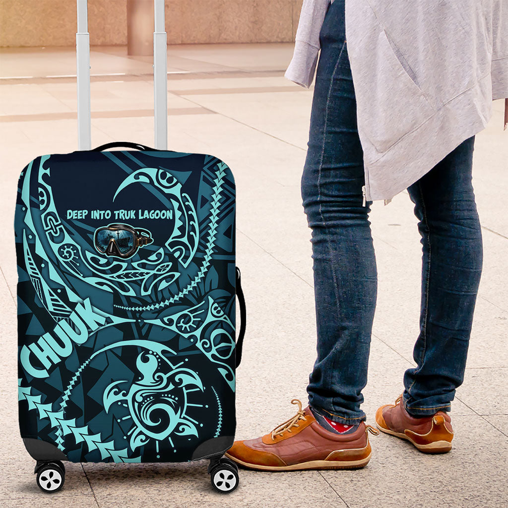 Chuuk Deep Into Truk Lagoon Luggage Cover Polynesian Tribal Pattern Wreck Diving Teal Ship Art TS04 Blue Black - Polynesian Pride