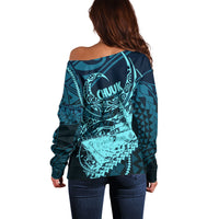 Chuuk Deep Into Truk Lagoon Off Shoulder Sweater Polynesian Tribal Pattern Wreck Diving Teal Ship Art