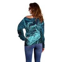 Chuuk Deep Into Truk Lagoon Off Shoulder Sweater Polynesian Tribal Pattern Wreck Diving Teal Ship Art