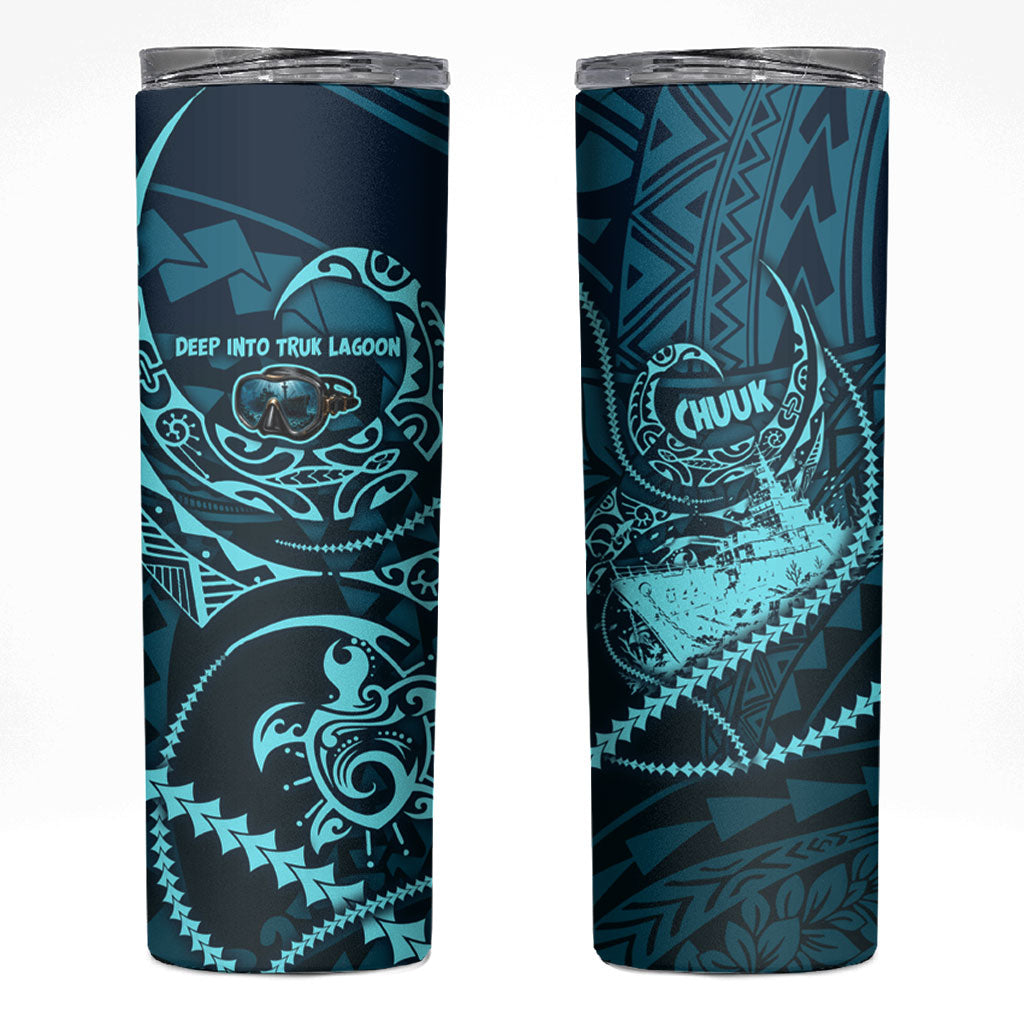 Chuuk Deep Into Truk Lagoon Skinny Tumbler Polynesian Tribal Pattern Wreck Diving Teal Ship Art