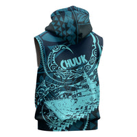 Chuuk Deep Into Truk Lagoon Sleeveless Hoodie Polynesian Tribal Pattern Wreck Diving Teal Ship Art