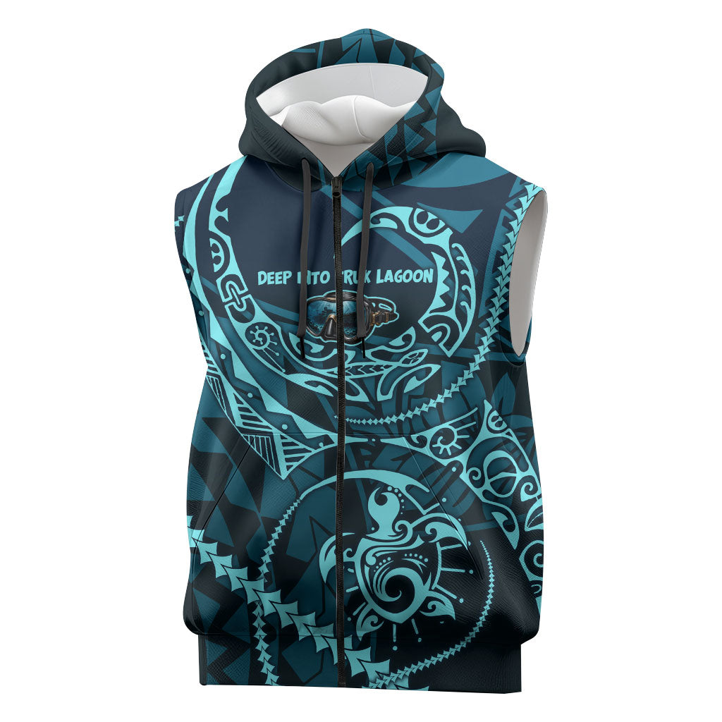 Chuuk Deep Into Truk Lagoon Sleeveless Zip Hoodie Polynesian Tribal Pattern Wreck Diving Teal Ship Art
