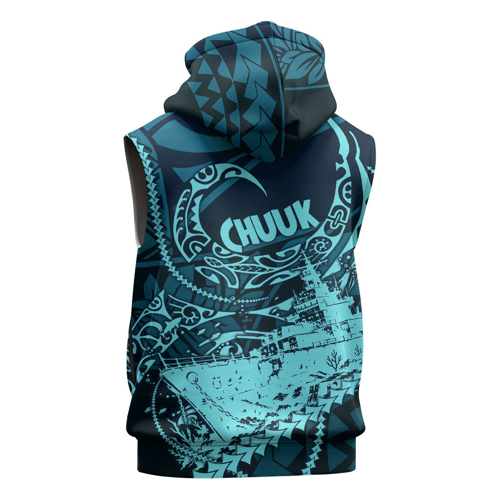 Chuuk Deep Into Truk Lagoon Sleeveless Zip Hoodie Polynesian Tribal Pattern Wreck Diving Teal Ship Art