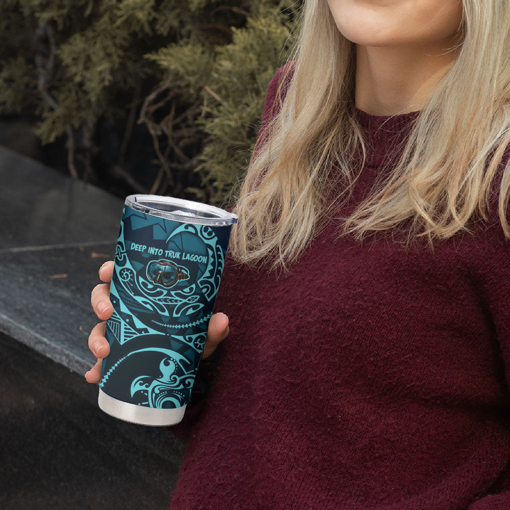 Chuuk Deep Into Truk Lagoon Tumbler Cup Polynesian Tribal Pattern Wreck Diving Teal Ship Art TS04 - Polynesian Pride