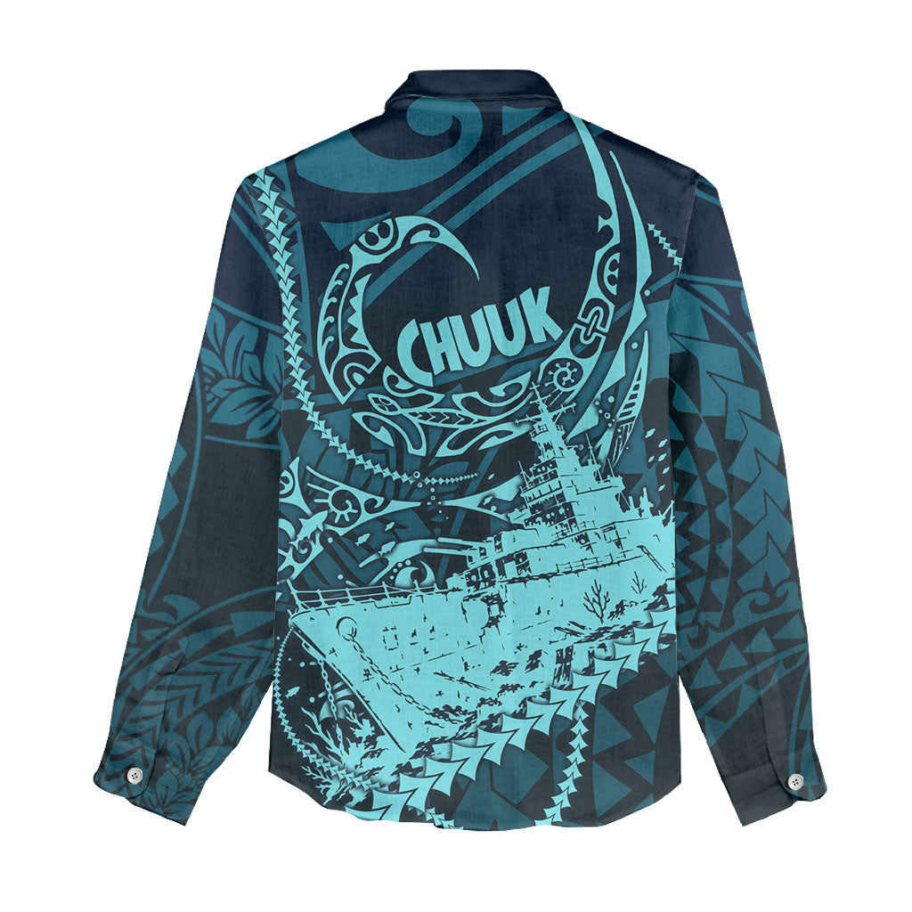 Chuuk Deep Into Truk Lagoon Women Casual Shirt Polynesian Tribal Pattern Wreck Diving Teal Ship Art