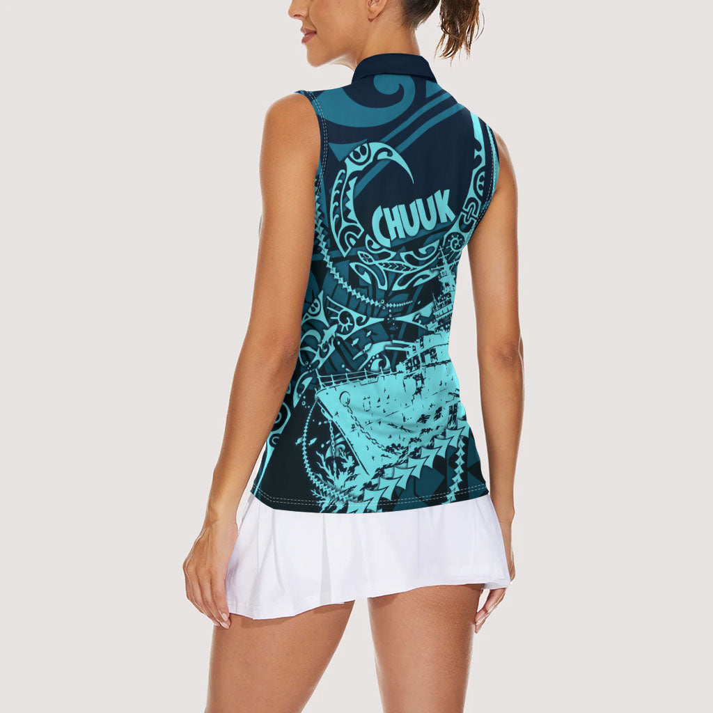 Chuuk Deep Into Truk Lagoon Women Sleeveless Polo Shirt Polynesian Tribal Pattern Wreck Diving Teal Ship Art