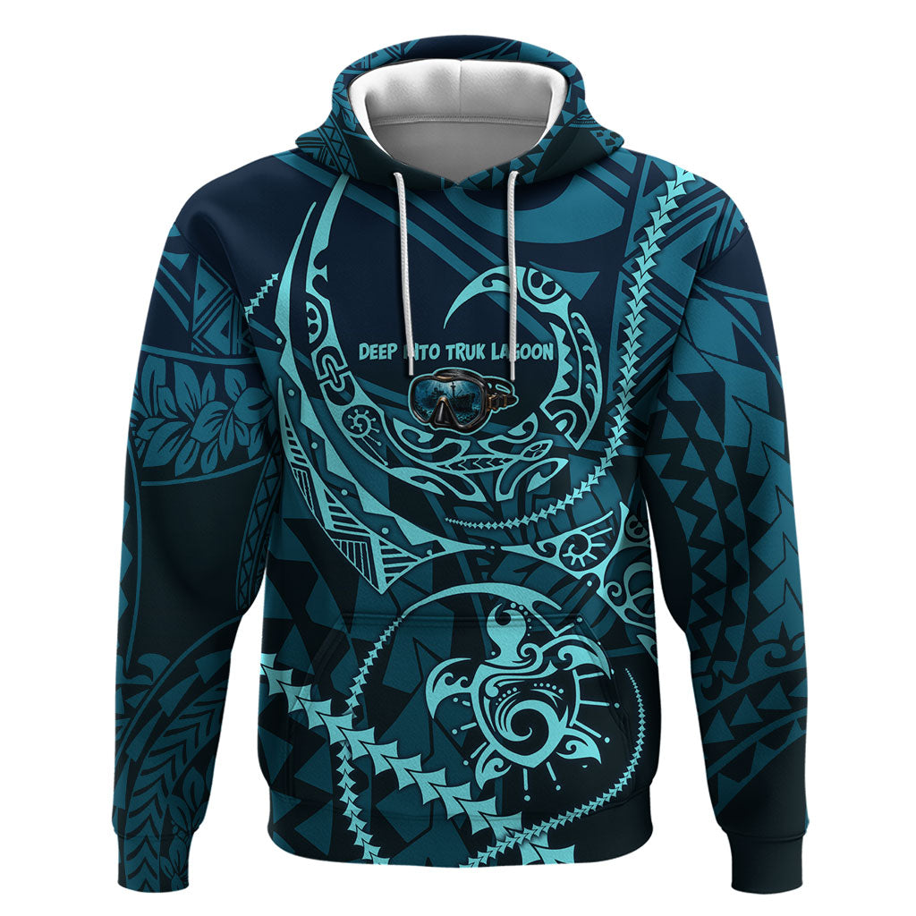 Chuuk Deep Into Truk Lagoon Zip Hoodie Polynesian Tribal Pattern Wreck Diving Teal Ship Art TS04 Pullover Hoodie Blue Black - Polynesian Pride